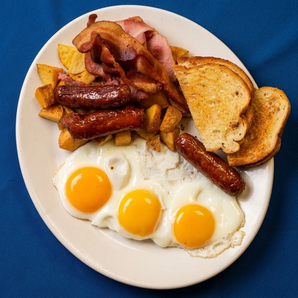 Full country breakfast with three sunny-side-up eggs, bacon, ham, sausages, home fries and buttered toast at Cheryl's Country Kitchen in Airdrie, AB