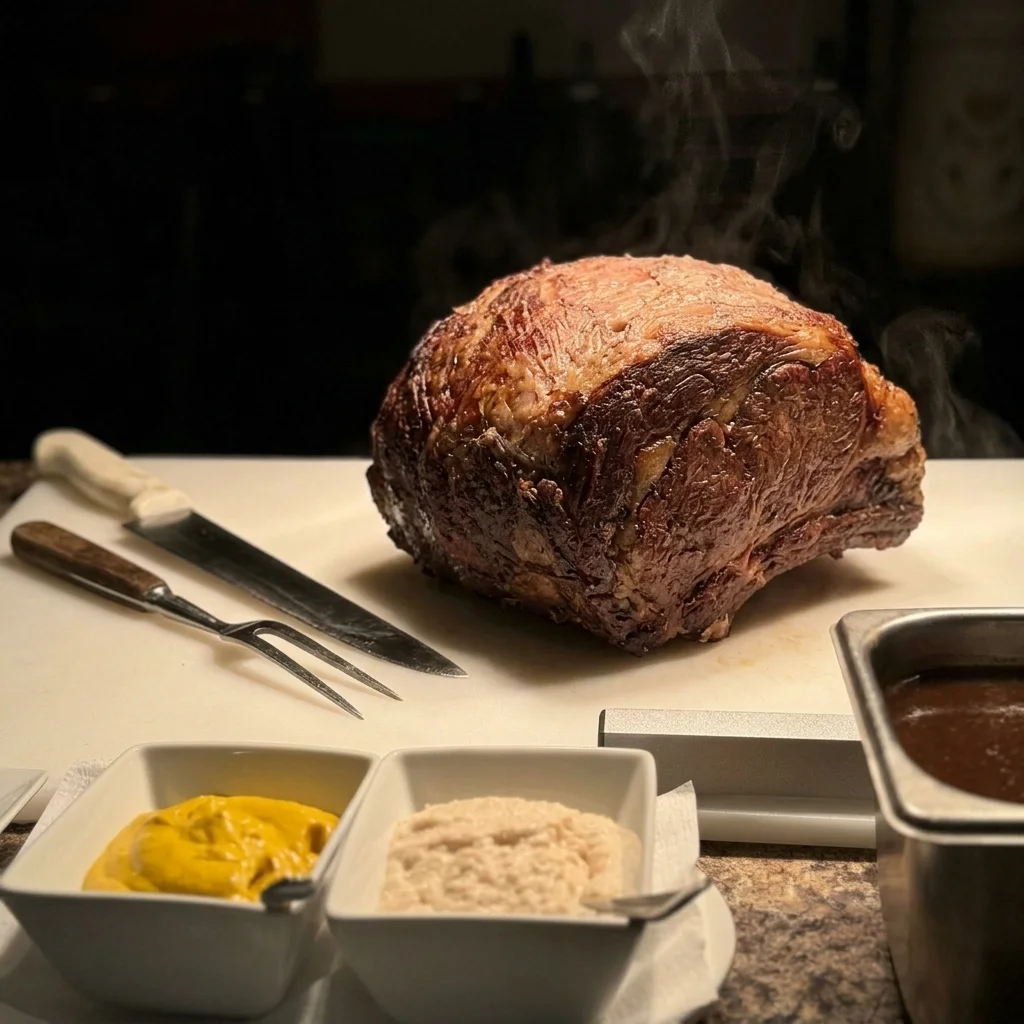 Slow-roasted prime rib resting on the carving board with horseradish, mustard and au jus at Cheryl's Country Kitchen in Airdrie, AB