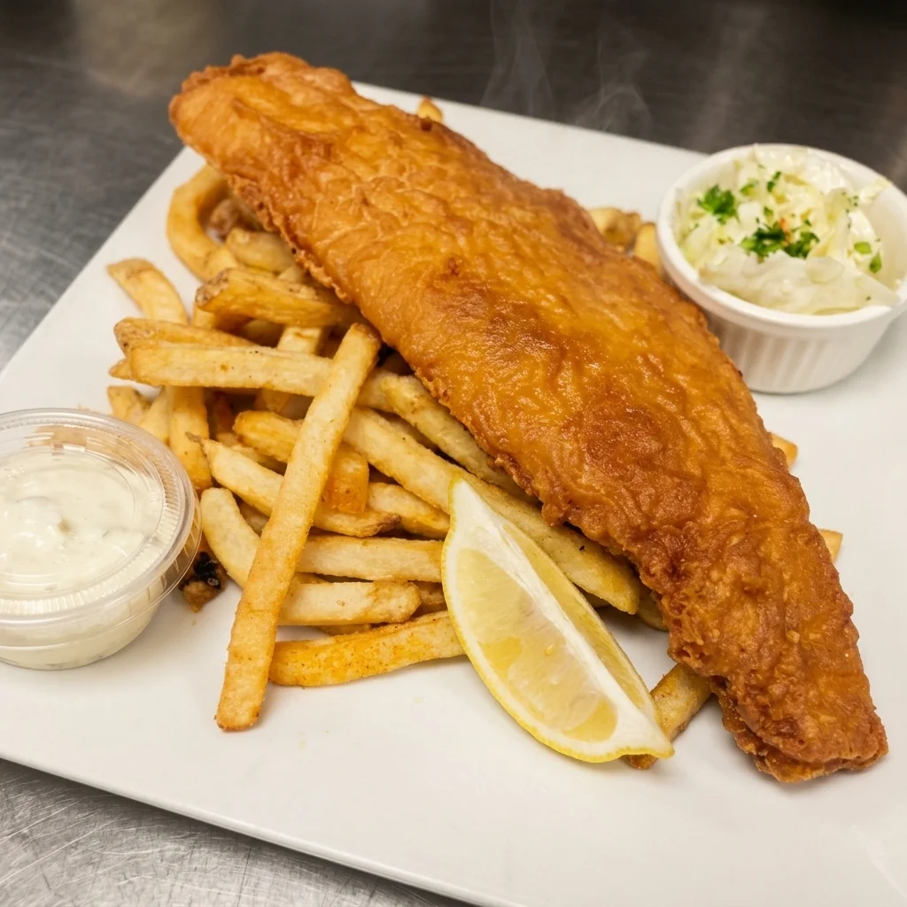 Hand-battered fish and chips with fries, creamy coleslaw, tartar sauce and a lemon wedge at Cheryl's Country Kitchen in Airdrie, AB
