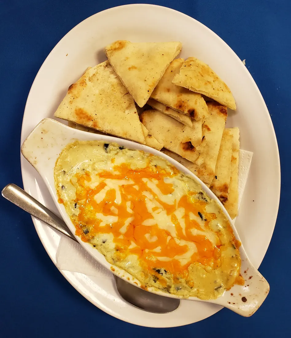 Spinach Dip - Baked spinach dip with melted cheese and warm naan bread at Cheryl's Country Kitchen in Airdrie