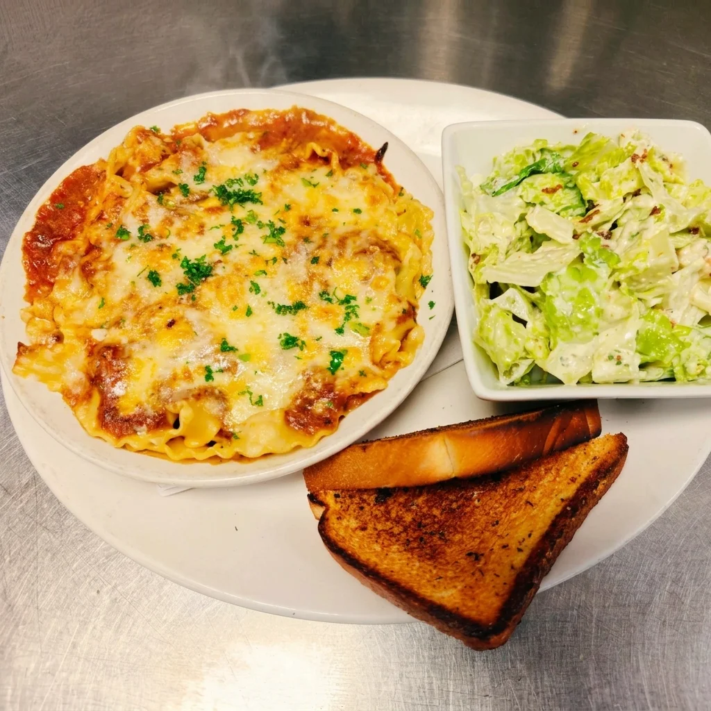 Baked lasagna layered with homemade meat sauce and melted mozzarella at Cheryl's Country Kitchen near Bayside, Airdrie
