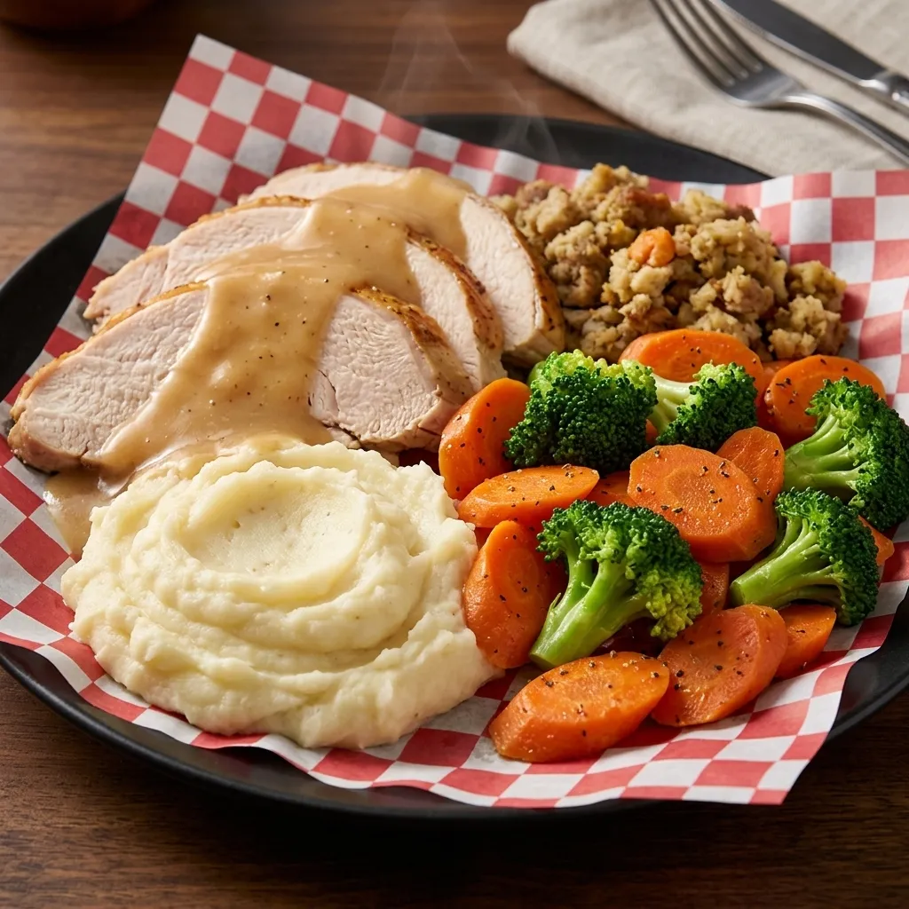 Turkey dinner with gravy, stuffing, mashed potatoes and vegetables at Cheryl's Country Kitchen near Bayside, Airdrie
